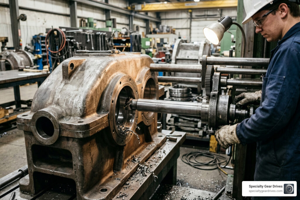 line boring machine in operation on heavy industrial gearbox housing