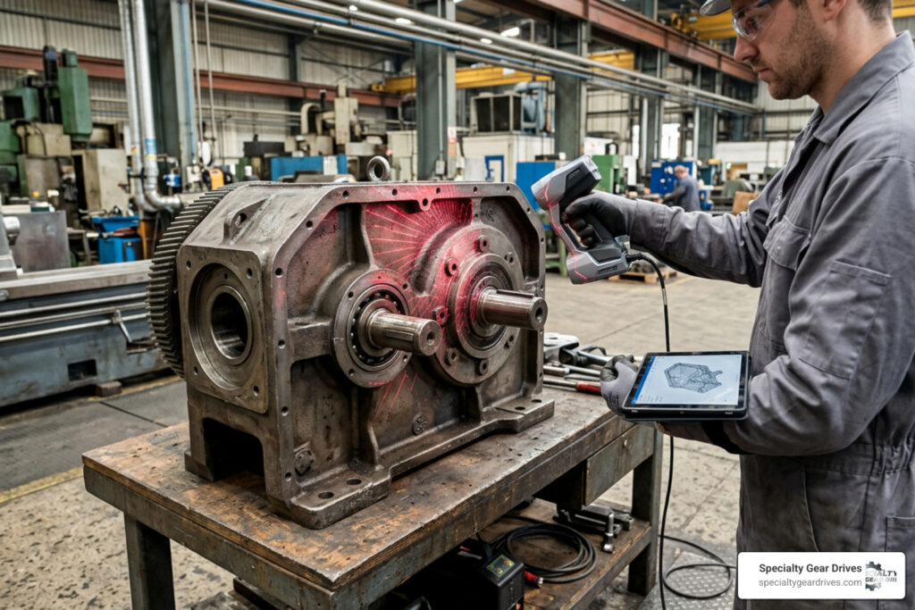 3D scanner capturing industrial gearbox housing on plant floor