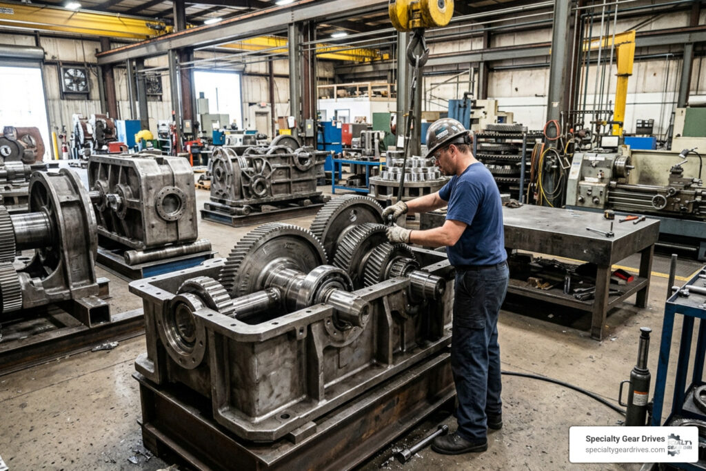 custom industrial gears heavy duty gearbox plant floor