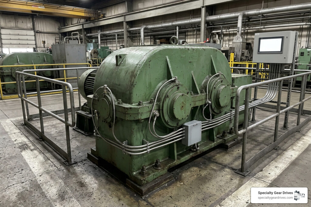 industrial gearbox with vibration sensors installed on plant floor
