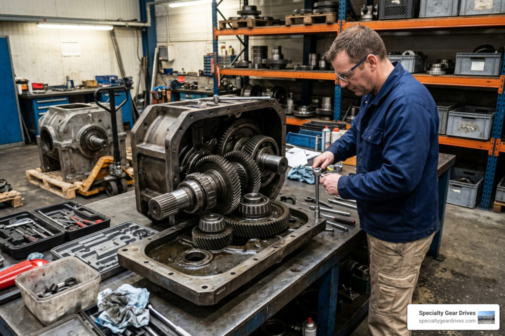 heavy industrial gearbox teardown in repair facility